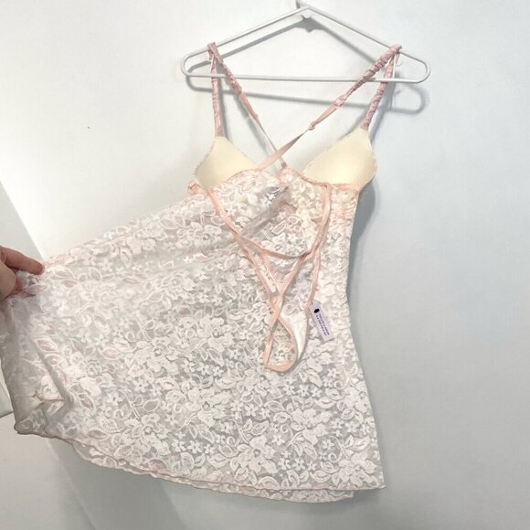 NEW NWT LILAC + LONDON Stretch Lace Chemise Thong Panty Lingerie Set White Pink - Picture 13 of 16